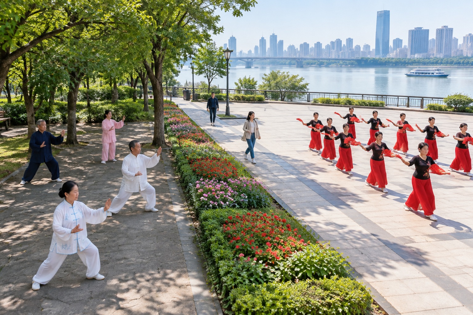 Overhead view of a Chinese park showing tai chi and square dance using different spaces at the same time