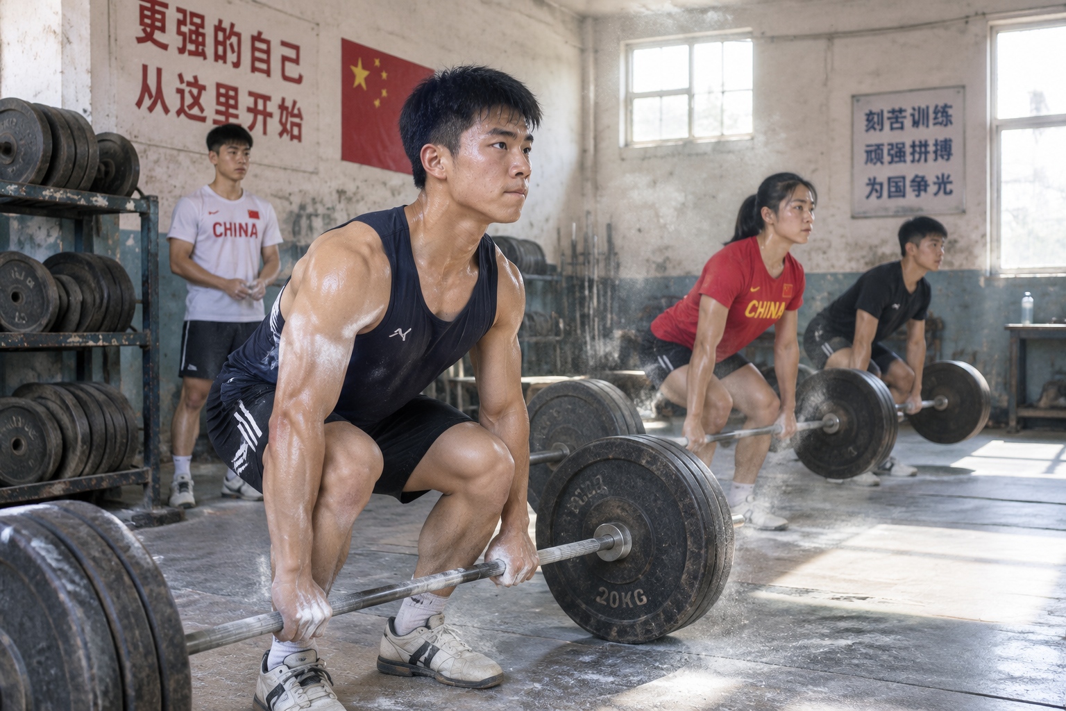 The Track at 4 a.m.: Inside the Grind of Chinese Student Athletes 23 Sports students at a Chinese sports school doing strength training in a small crowded weight room