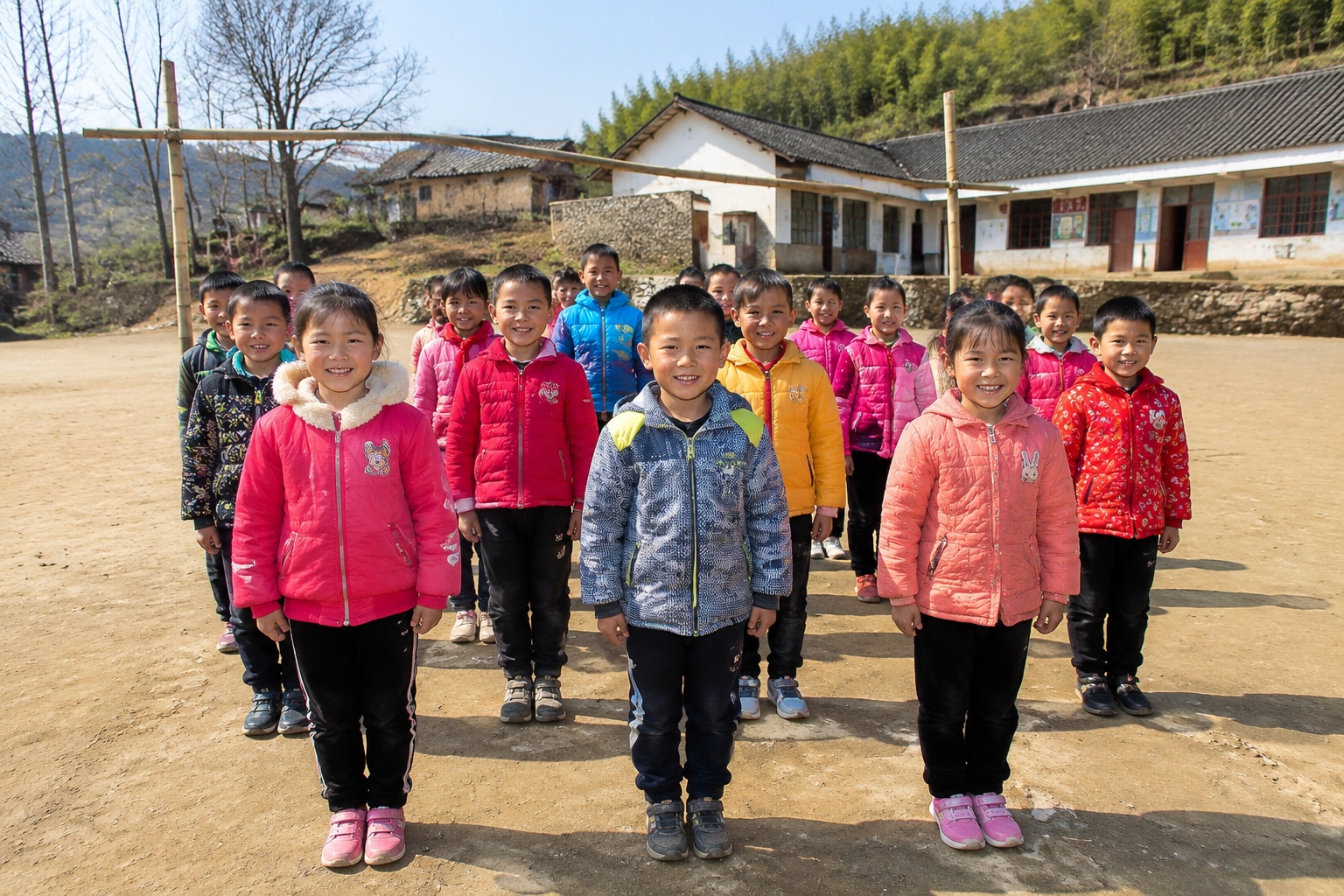 Children in a rural Chinese primary school line up on a dirt playground during sports day, with a bamboo high jump stand in the background