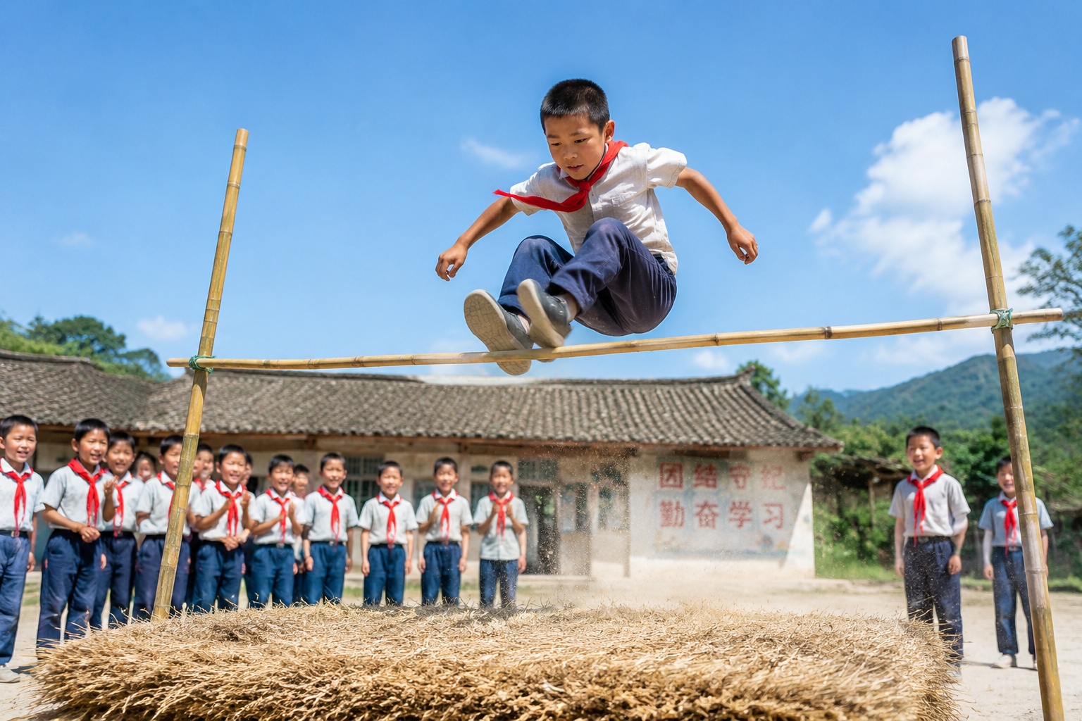 A child jumps over a bamboo bar and lands on a straw mat while schoolmates cheer at a rural sports event