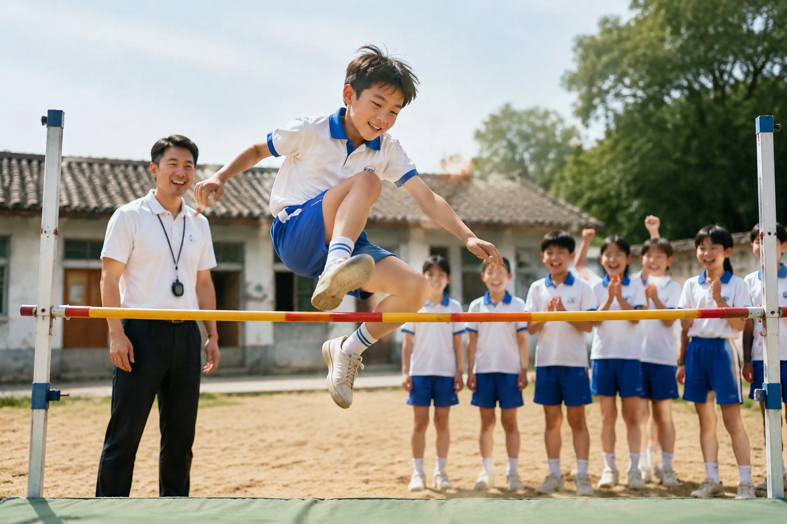 A young boy clears a high jump bar on a straw mat as his teacher claps and classmates celebrate