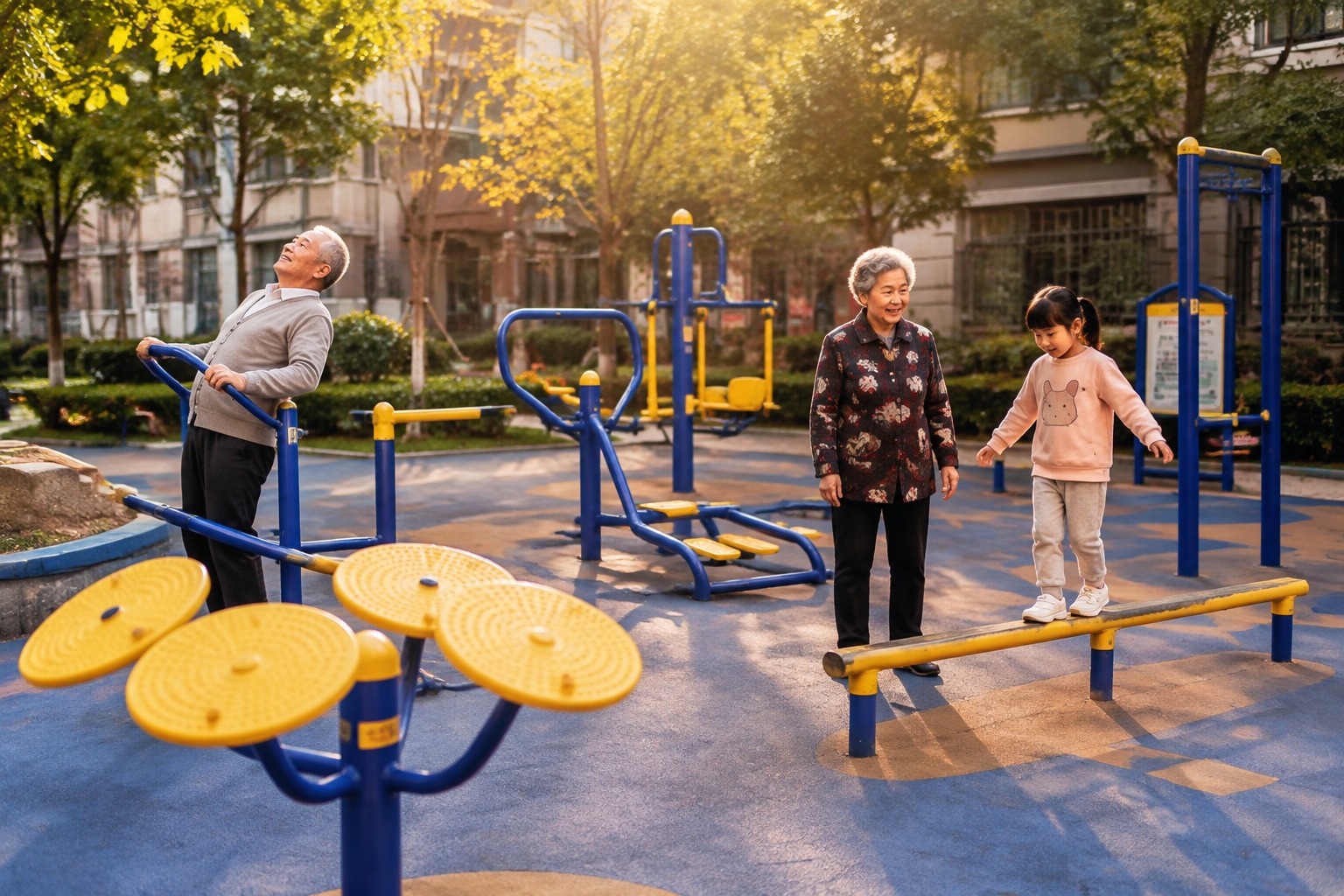 Elderly Chinese residents using outdoor fitness equipment in a residential community at dusk