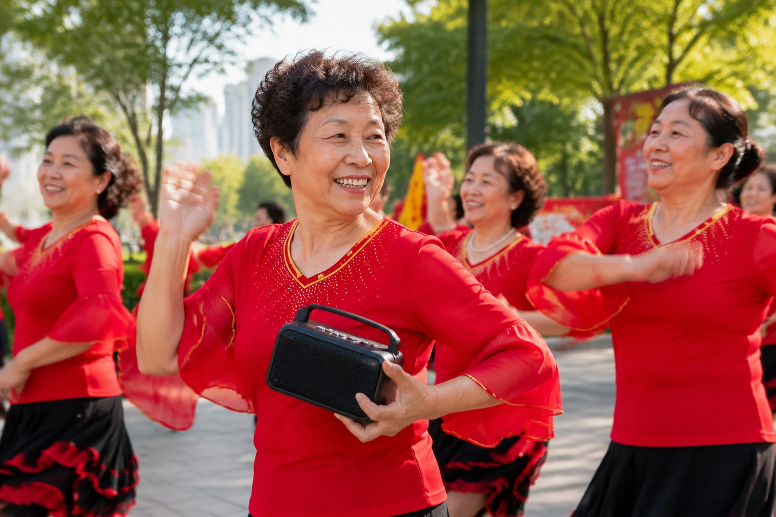 Group of Chinese elderly women dancing in matching red outfits during a square dance session in a park