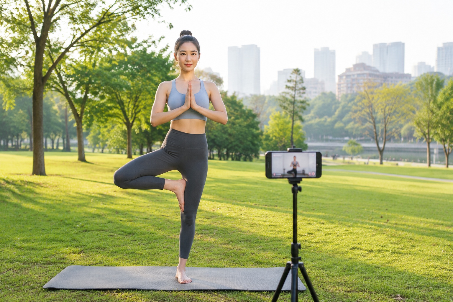Young Chinese woman practicing park yoga while following an online fitness app on her phone