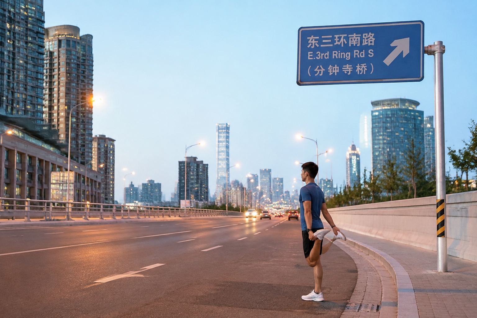 A lone runner stretches under the East Third Ring South road sign in Beijing at dawn before running the full 68-km loop