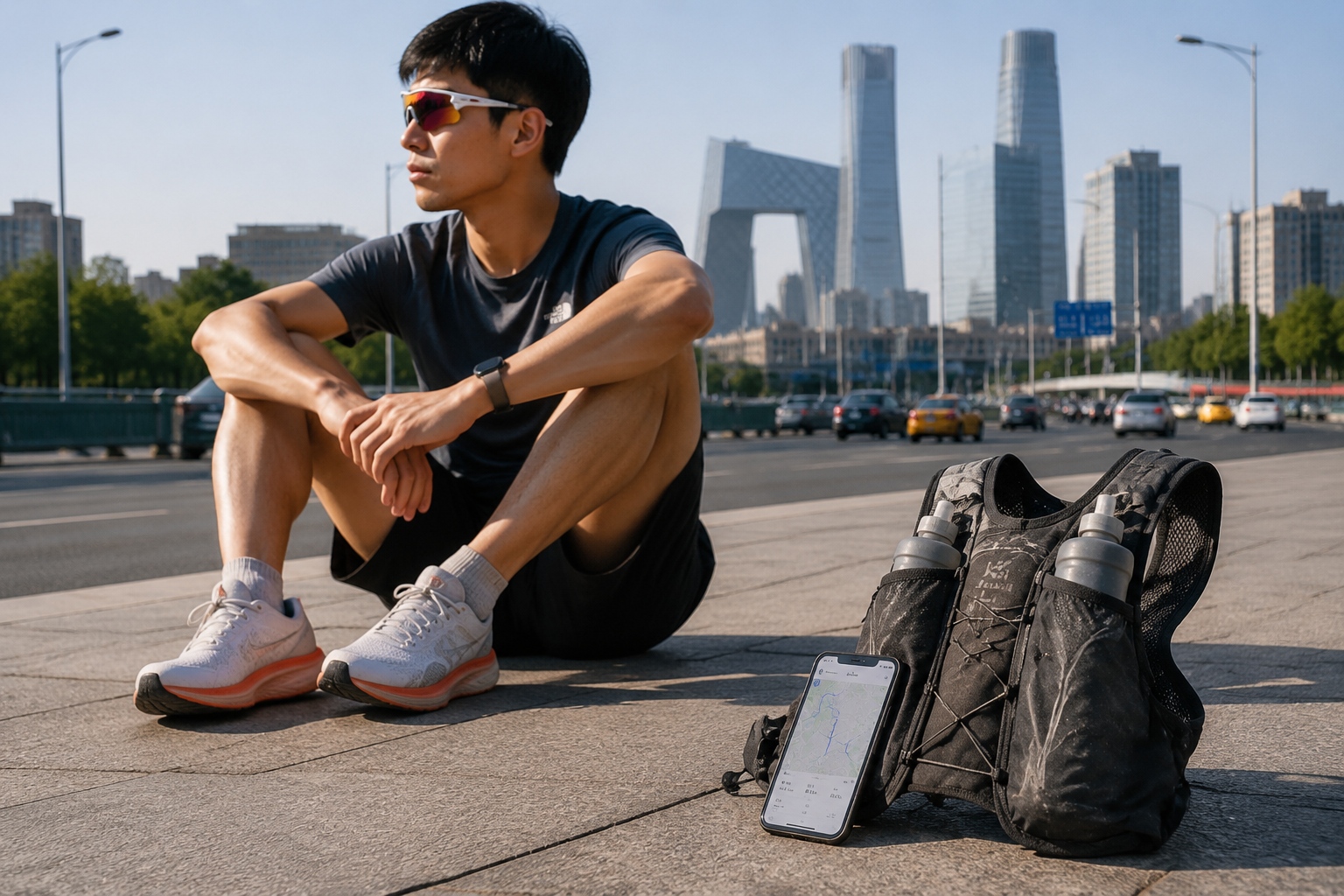 A runner's carbon-plate shoes, hydration vest, and smartphone with route map placed on a Beijing sidewalk near the Third Ring Road
