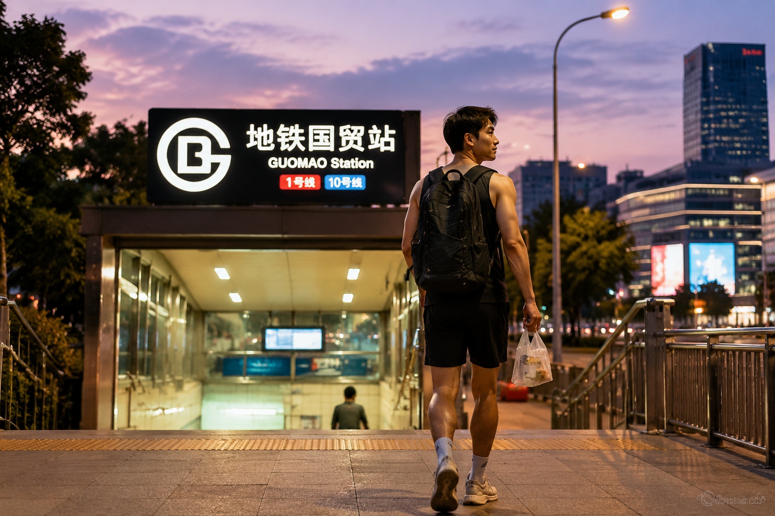 A Beijing ring-road finisher limps toward a subway entrance at dusk, carrying a bag of buns, as city lights come on