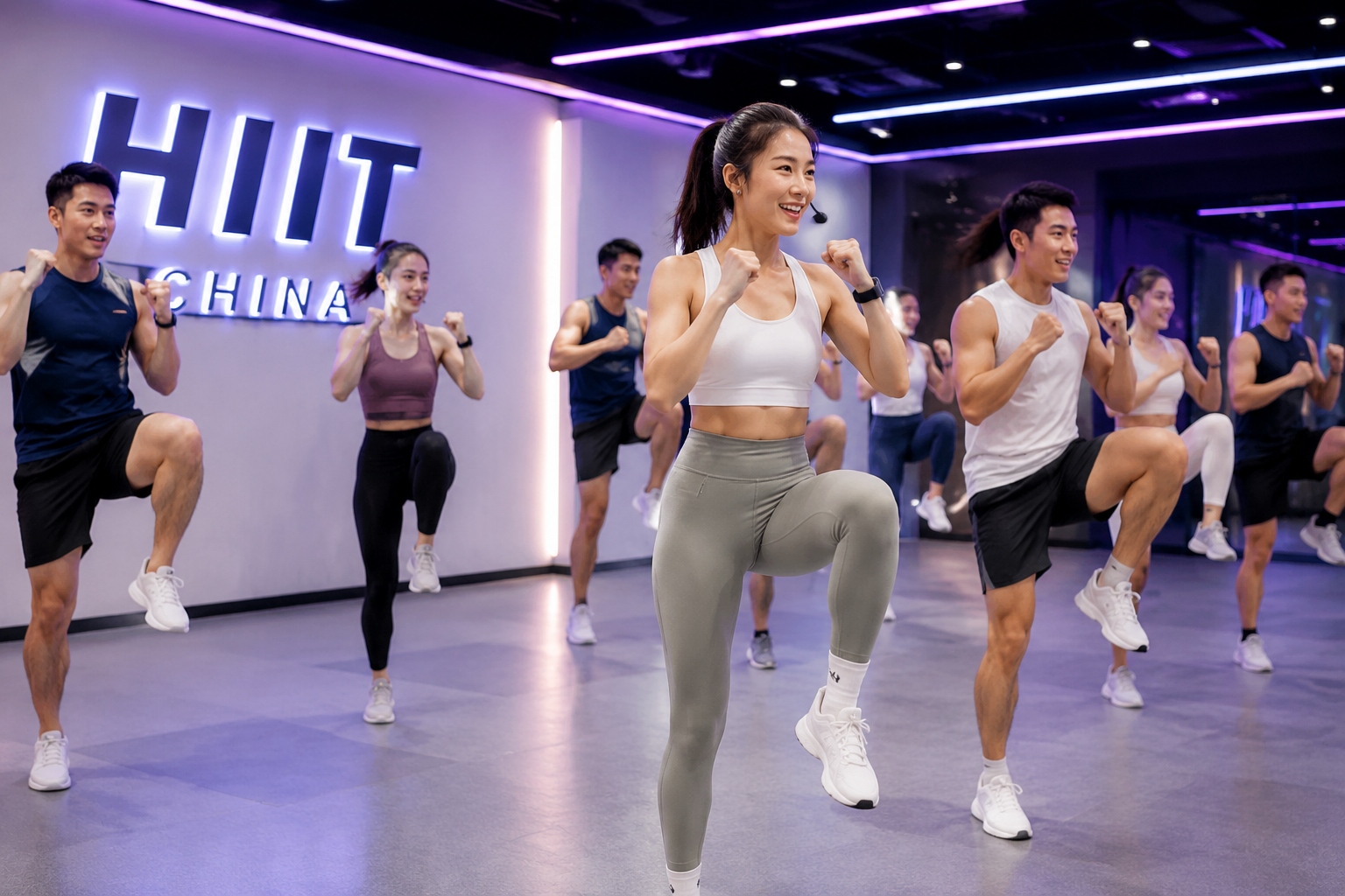 Young people taking a HIIT group class at a Chinese fitness studio