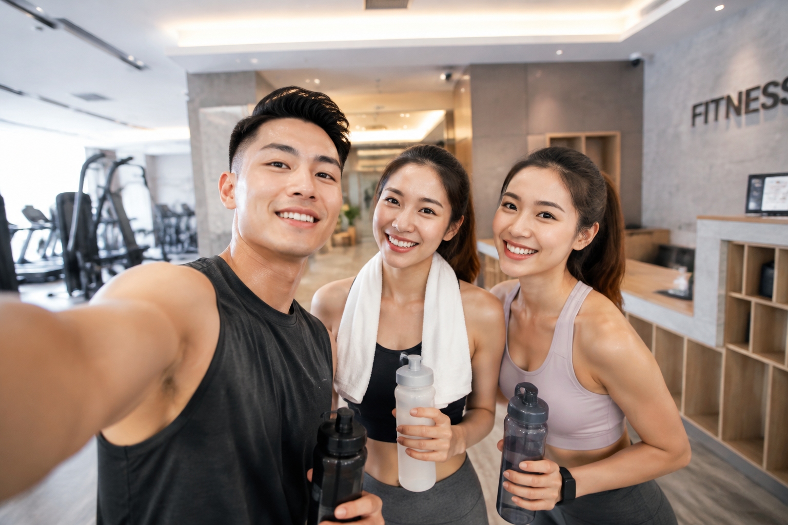 Chinese young friends taking a selfie after finishing a gym workout