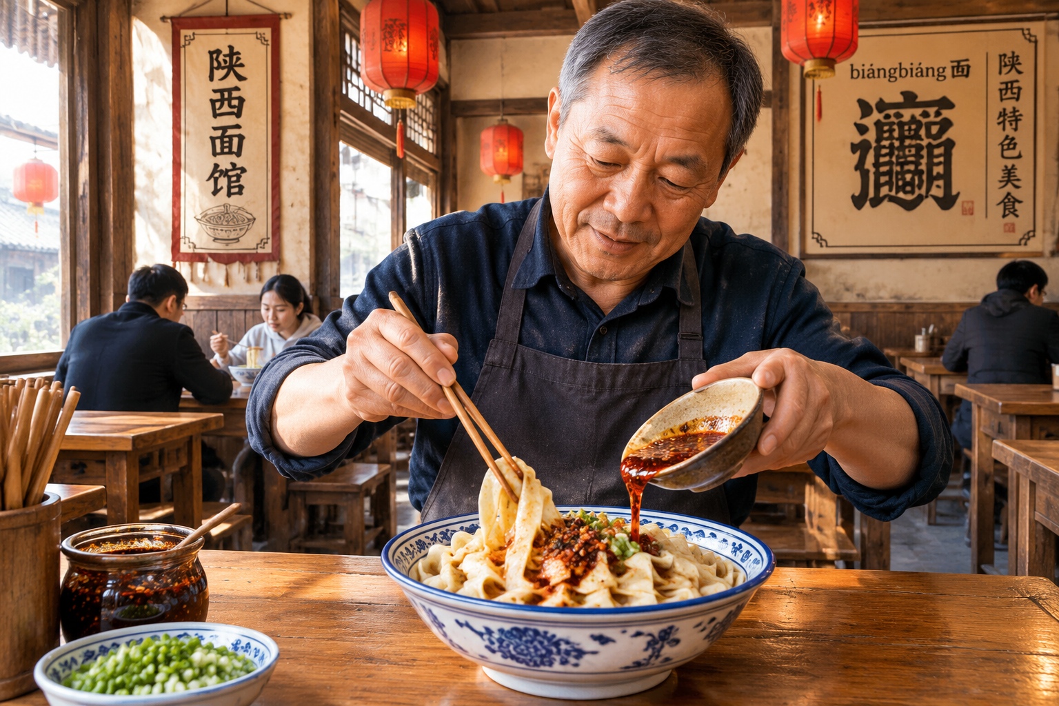An elderly local resident in a rustic noodle shop in Xi'an mixing red chili oil into a bowl of wide Biangbiang noodles