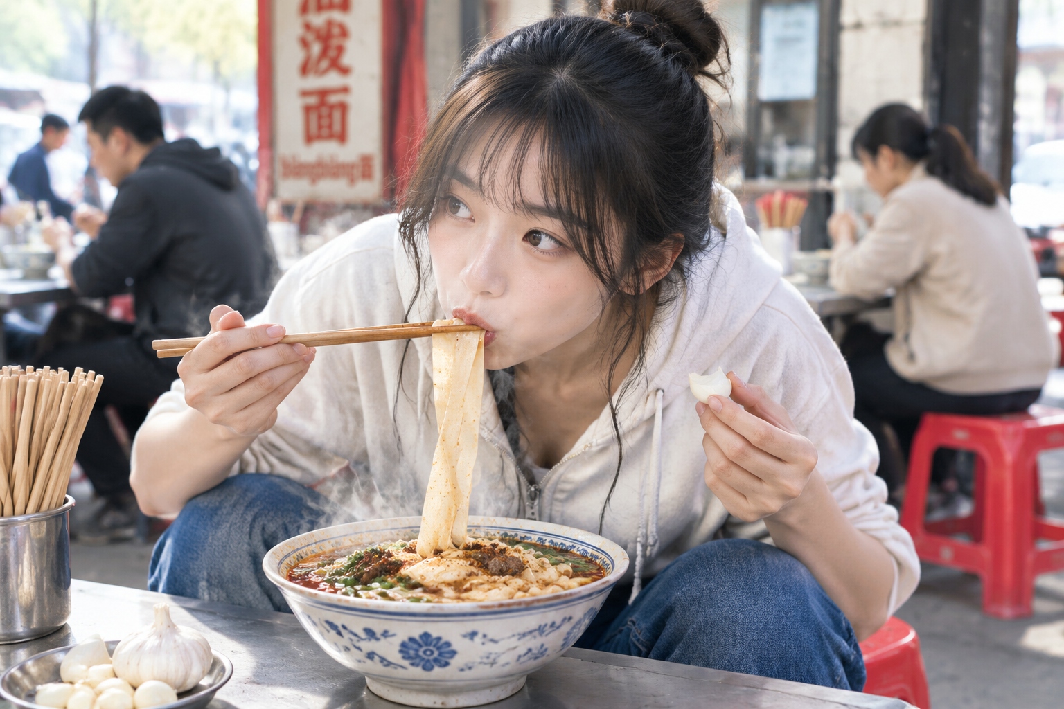 A tourist or local diner eating Biangbiang noodles with a whole piece of raw garlic at a street stall in Shaanxi