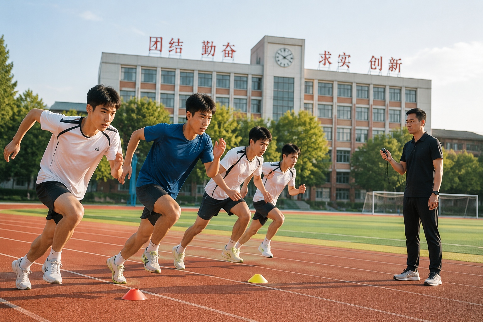 Teenage sports students sprinting during a practice session at a Chinese high school as they prepare for the gaokao sports test.