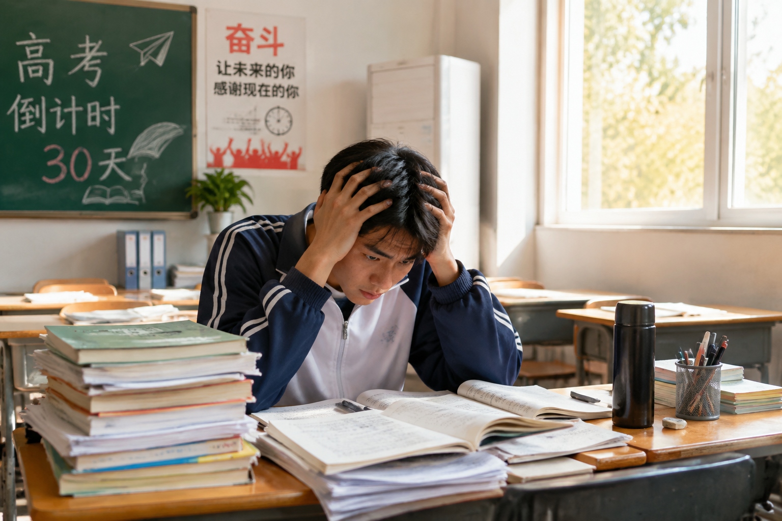Exhausted sports student trying to study after afternoon training in an empty Chinese high school classroom.