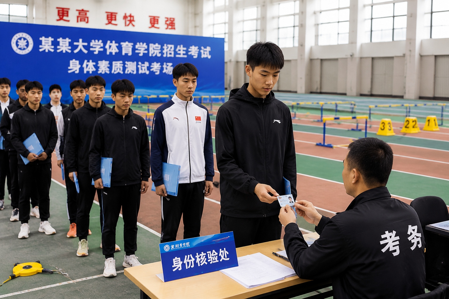 Chinese sports student candidates waiting for admission verification at an indoor university sports examination venue.