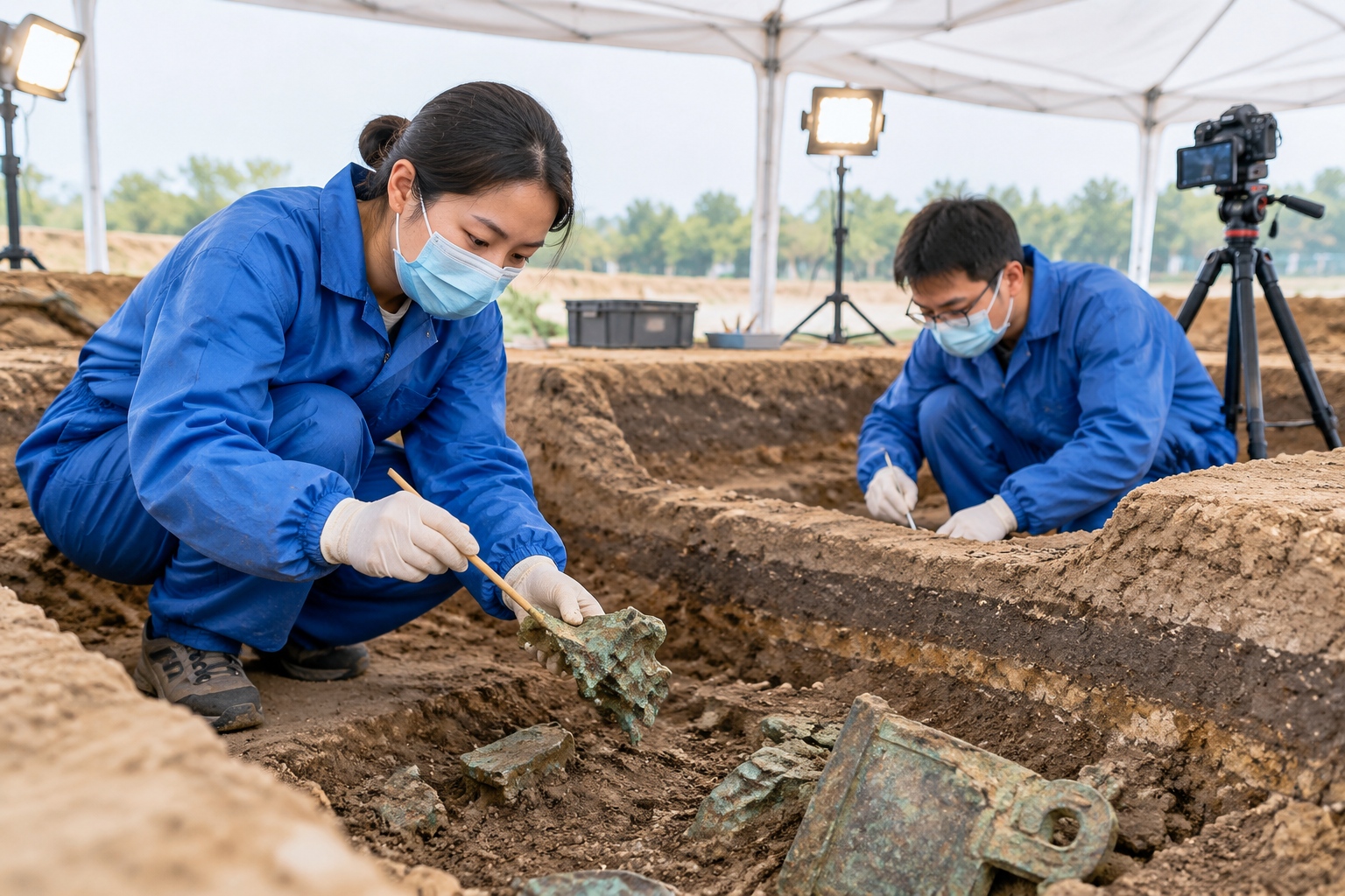 Archaeologists in protective suits excavating bronze fragments inside a covered pit at the Sanxingdui site in Sichuan.