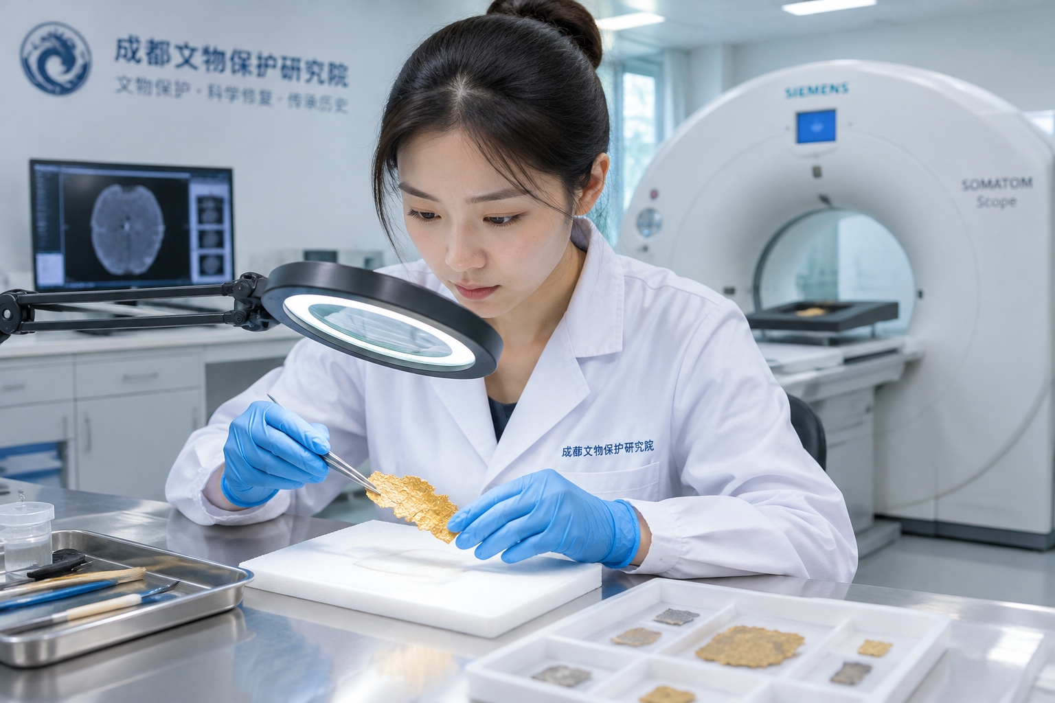 A conservator examining a fragment of gold foil in a Chinese archaeology laboratory with a CT scanner in the background.