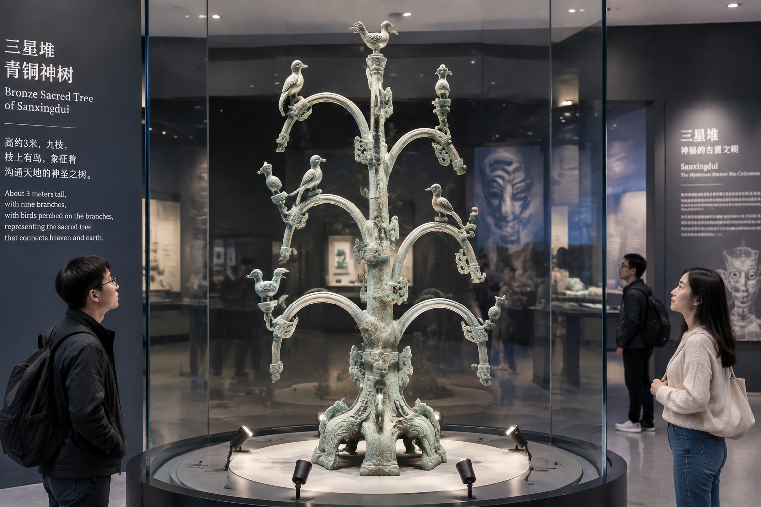 A tall bronze sacred tree with nine curved branches and perched birds on display in a dark gallery at the Sanxingdui Museum.