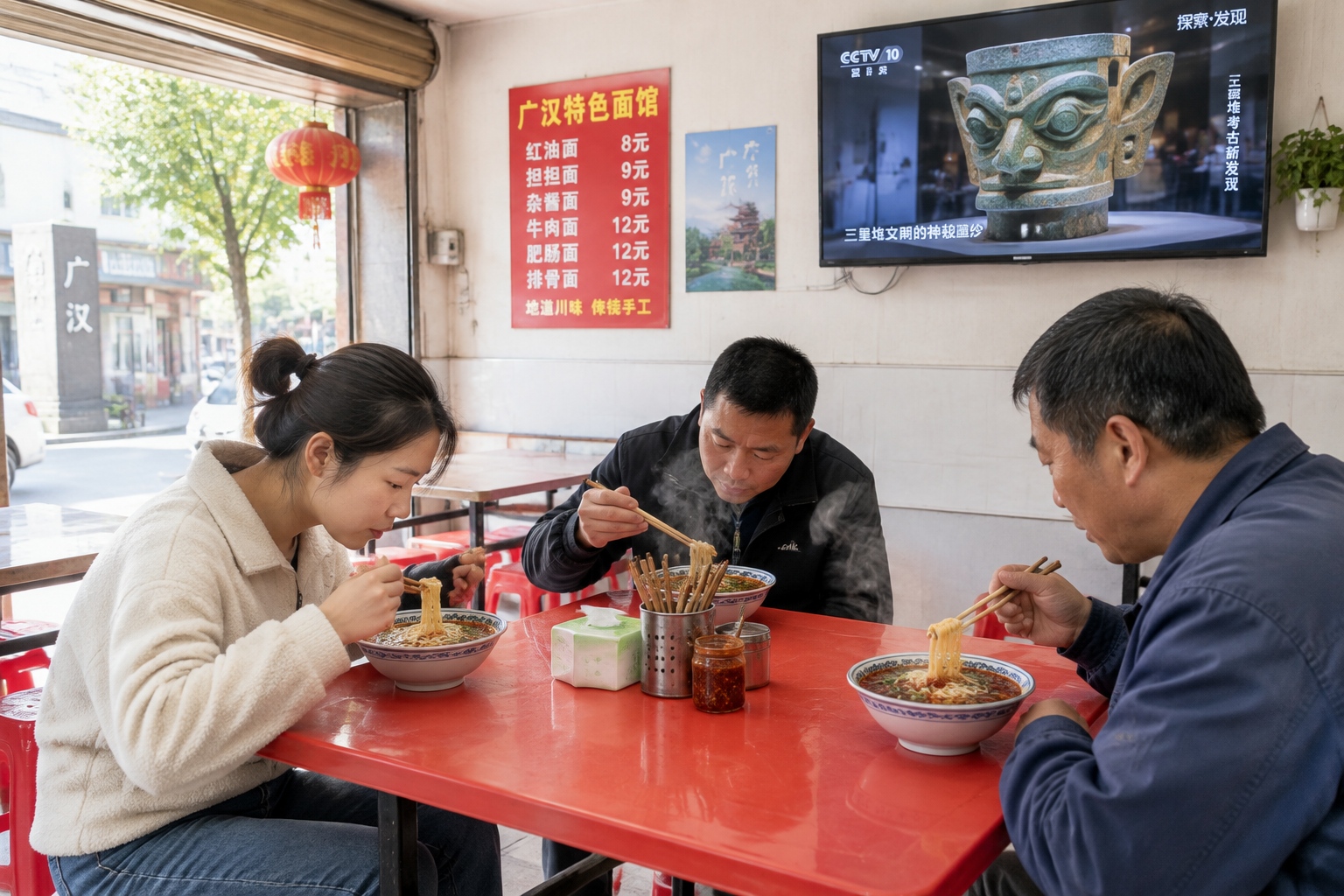 Locals eating noodles in a small Sichuan restaurant in Guanghan near the Sanxingdui Museum.