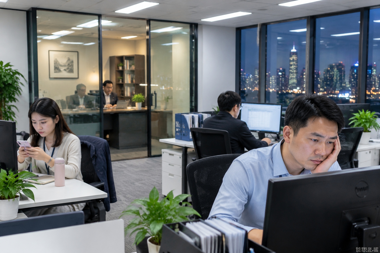 Why Confucius Still Shapes China's Modern Workplace 22 Chinese employees staying late in an office while their manager works in a glass room, illustrating workplace hierarchy