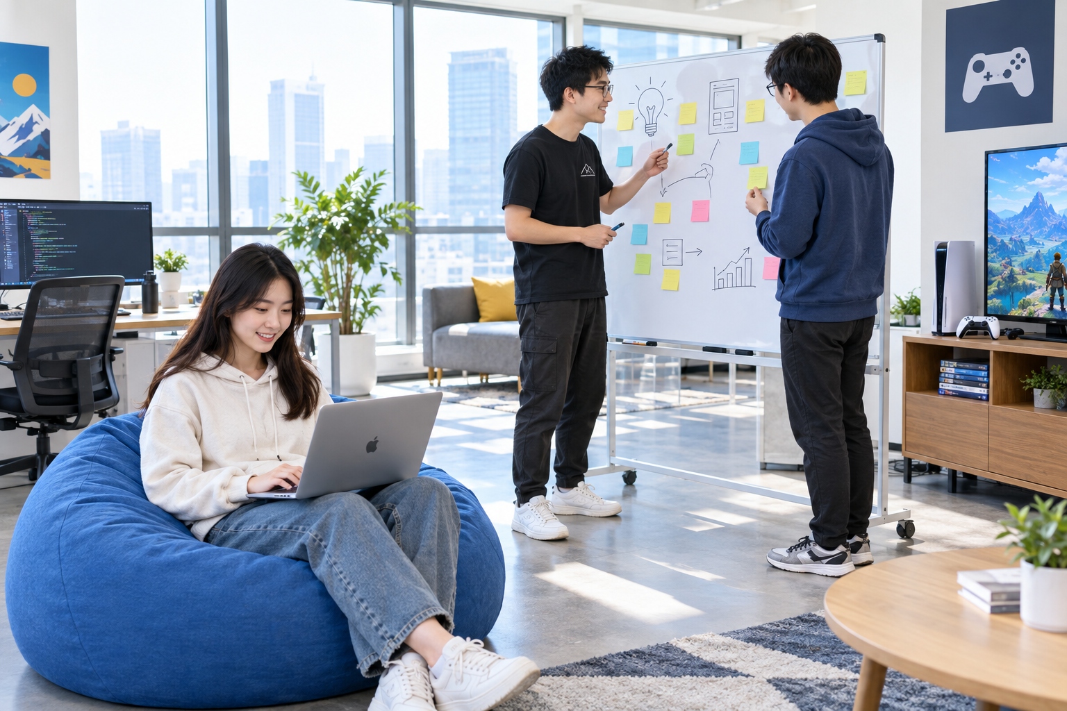 Why Confucius Still Shapes China's Modern Workplace 24 Young Chinese tech workers in casual clothes collaborating in a startup office with open-space design