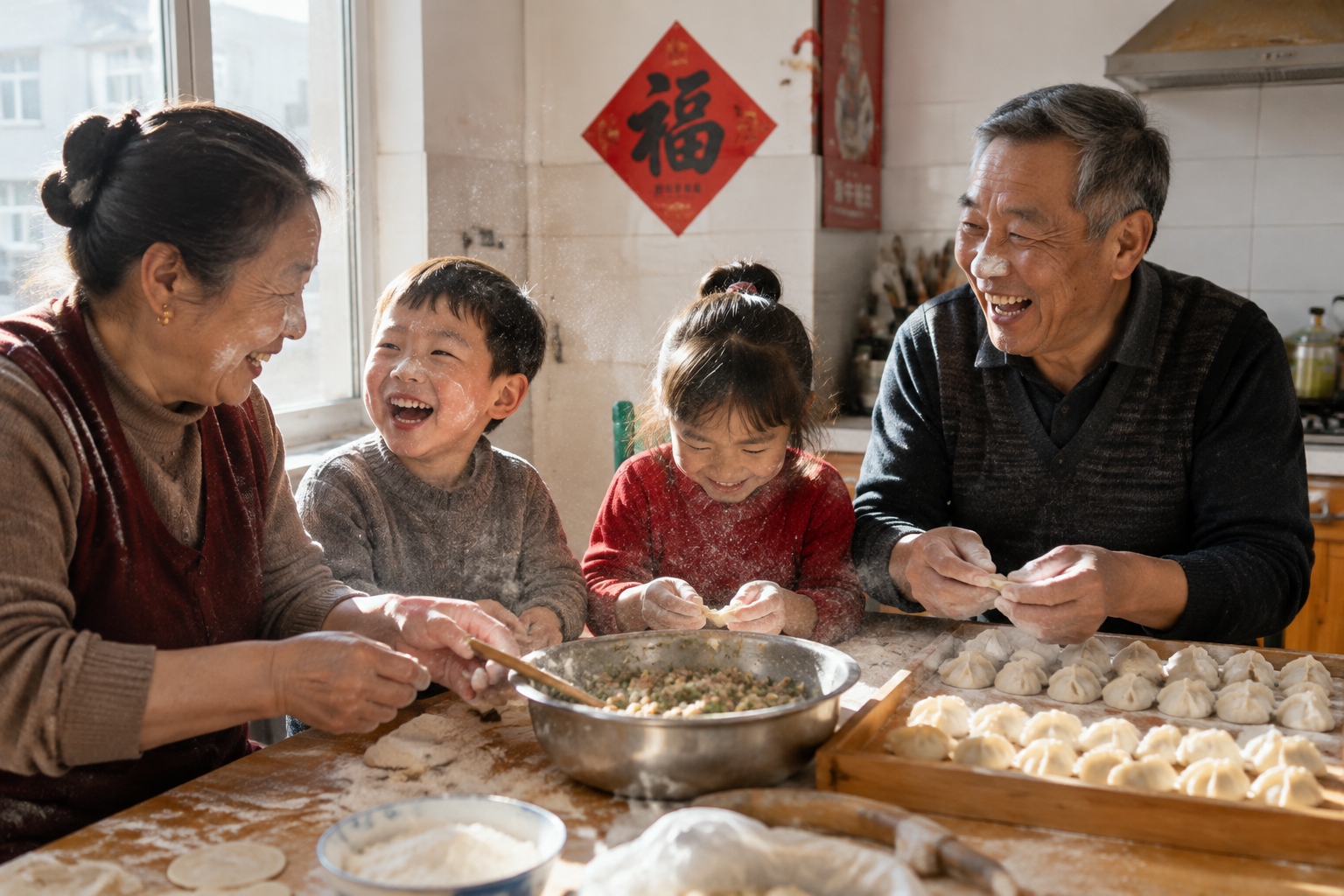 The Spring Festival Table: From Northeastern Dumplings to Cantonese Poon Choi, Food Memories of Home and Country 22 Multi-generation Chinese family making dumplings together in a sunlit kitchen during Spring Festival
