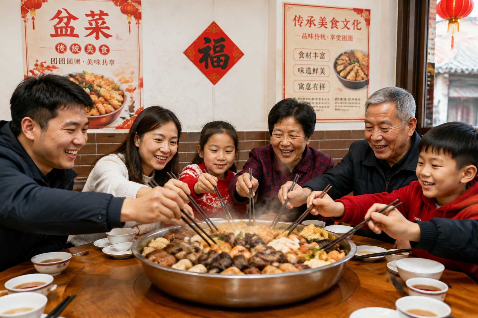 The Spring Festival Table: From Northeastern Dumplings to Cantonese Poon Choi, Food Memories of Home and Country 23 Cantonese family sharing poon choi from a large heated basin at a Chinese New Year gathering