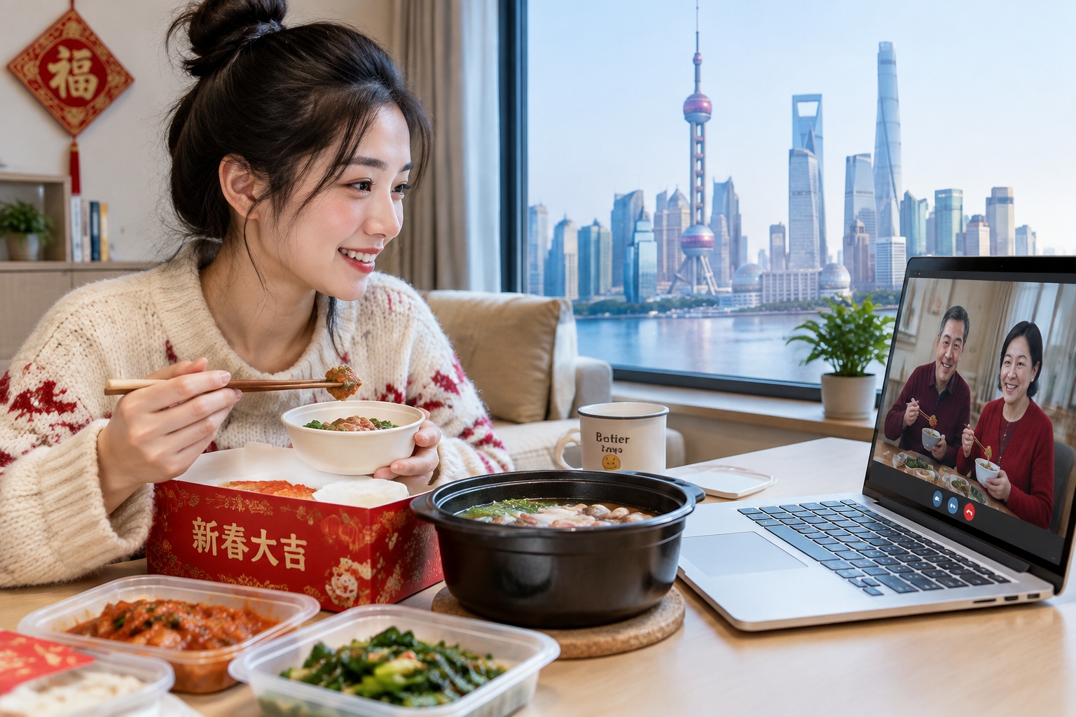 The Spring Festival Table: From Northeastern Dumplings to Cantonese Poon Choi, Food Memories of Home and Country 24 Young Chinese woman eating takeout reunion dinner on a video call with her parents during Spring Festival