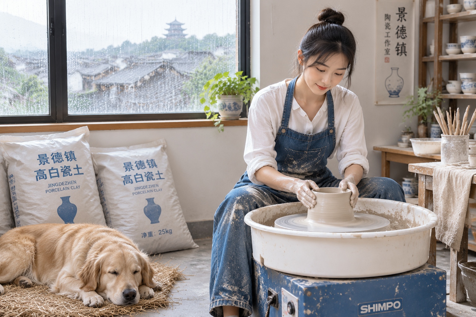 Young ceramicist at work in her Jingdezhen studio with a dog sleeping nearby and bags of clay in the background
