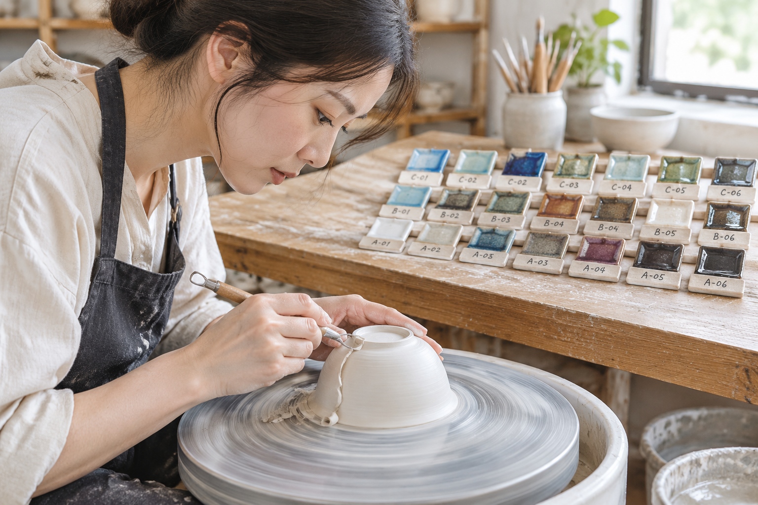 Hands trimming a porcelain bowl with rows of glaze test tiles on a table in Jingdezhen studio