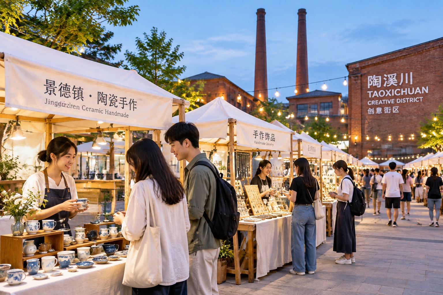 Weekend night market at Taoxichuan in Jingdezhen with young ceramicists selling handmade pottery under string lights