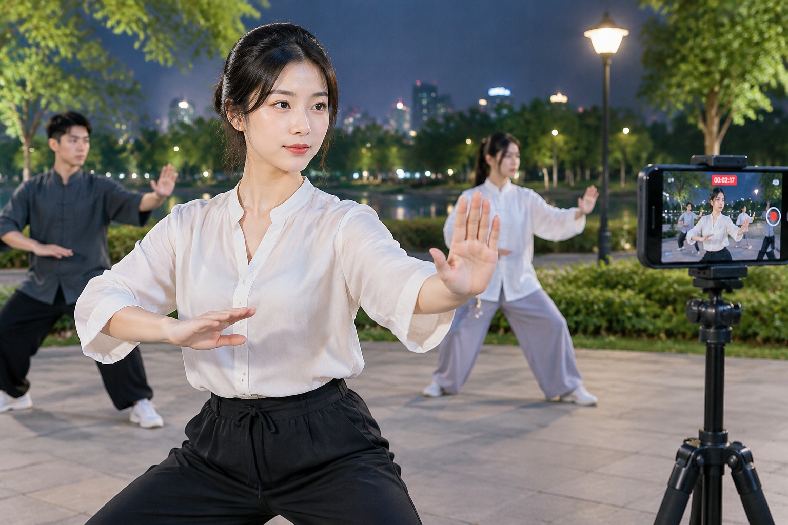 Tai Chi Isn't Just for Seniors: Why Shanghai Office Workers Practice in Parks at Night 22 A young Chinese woman in business casual clothes practices tai chi at night in a Shanghai park while filming herself on a smartphone