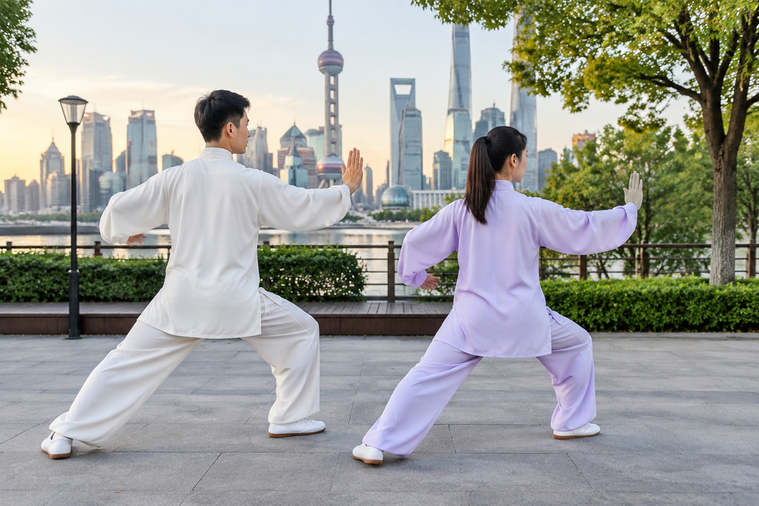 Tai Chi Isn't Just for Seniors: Why Shanghai Office Workers Practice in Parks at Night 23 A young man and woman practice tai chi in sync in a Shanghai park at dusk, with office buildings in the background