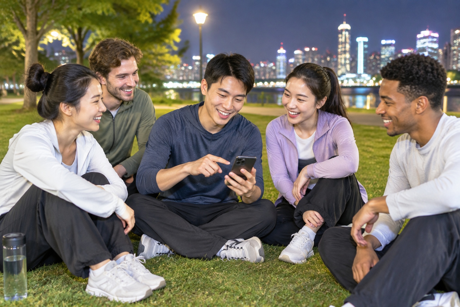 Tai Chi Isn't Just for Seniors: Why Shanghai Office Workers Practice in Parks at Night 24 Young professionals chat and laugh together after a tai chi session in a Shanghai park at night, one showing a video on a phone