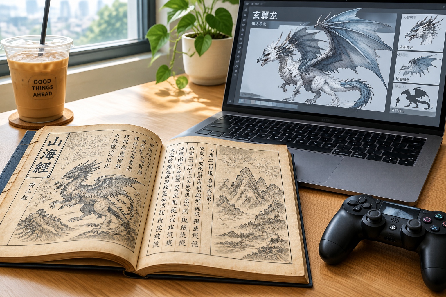 Open ancient Chinese book Classic of Mountains and Seas next to a laptop and game controller showing concept art of a winged dragon