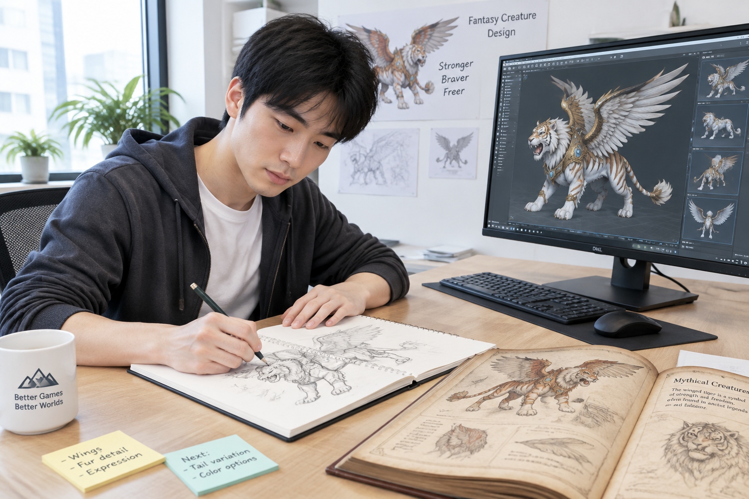 Game designer in Shanghai sketching a mythical creature while a 3D model of a winged tiger appears on the monitor
