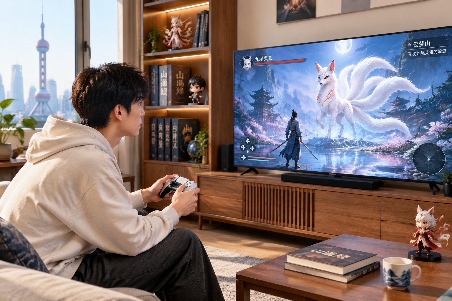 Gamer in Shanghai playing a Chinese fantasy game with a nine-tailed fox on the TV screen