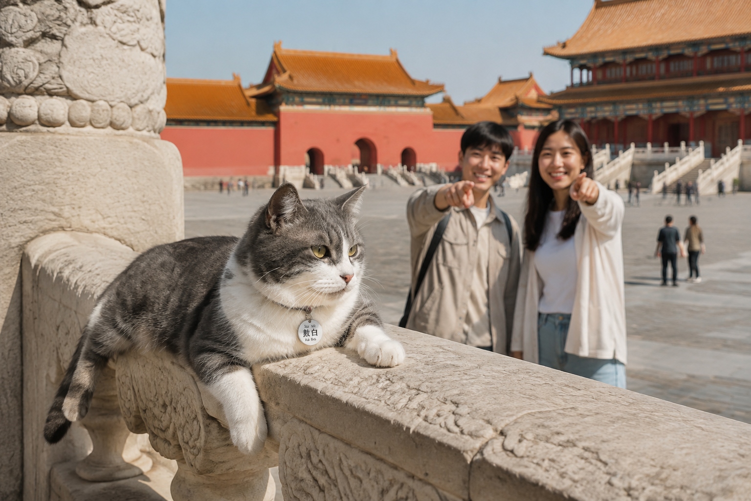 A gray and white cat named Ao Bai lounging on a stone railing inside the Forbidden City while visitors watch