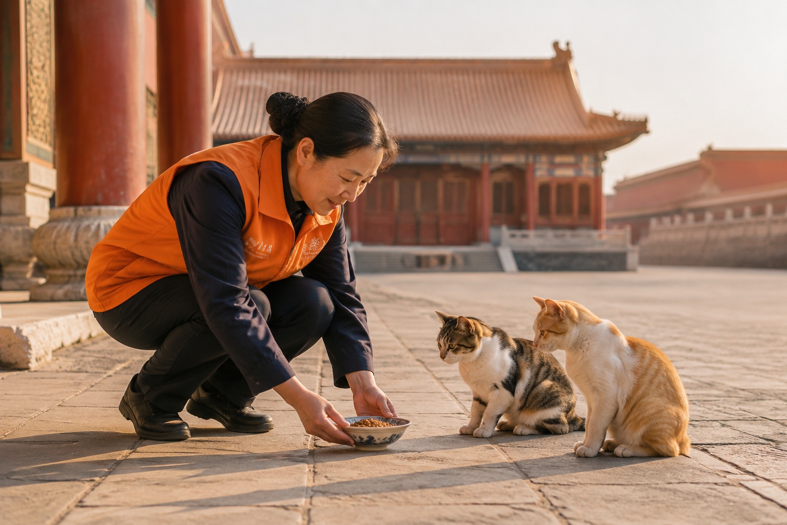 A museum worker feeding two cats in a quiet courtyard of the Forbidden City