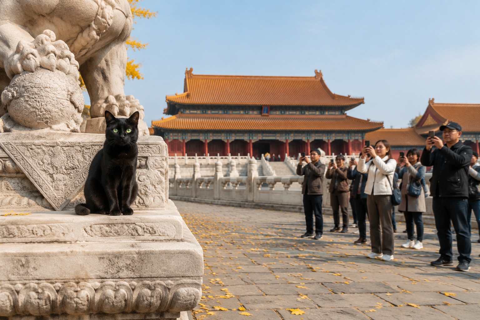 A black cat sits on a stone pedestal in the Forbidden City while tourists photograph it