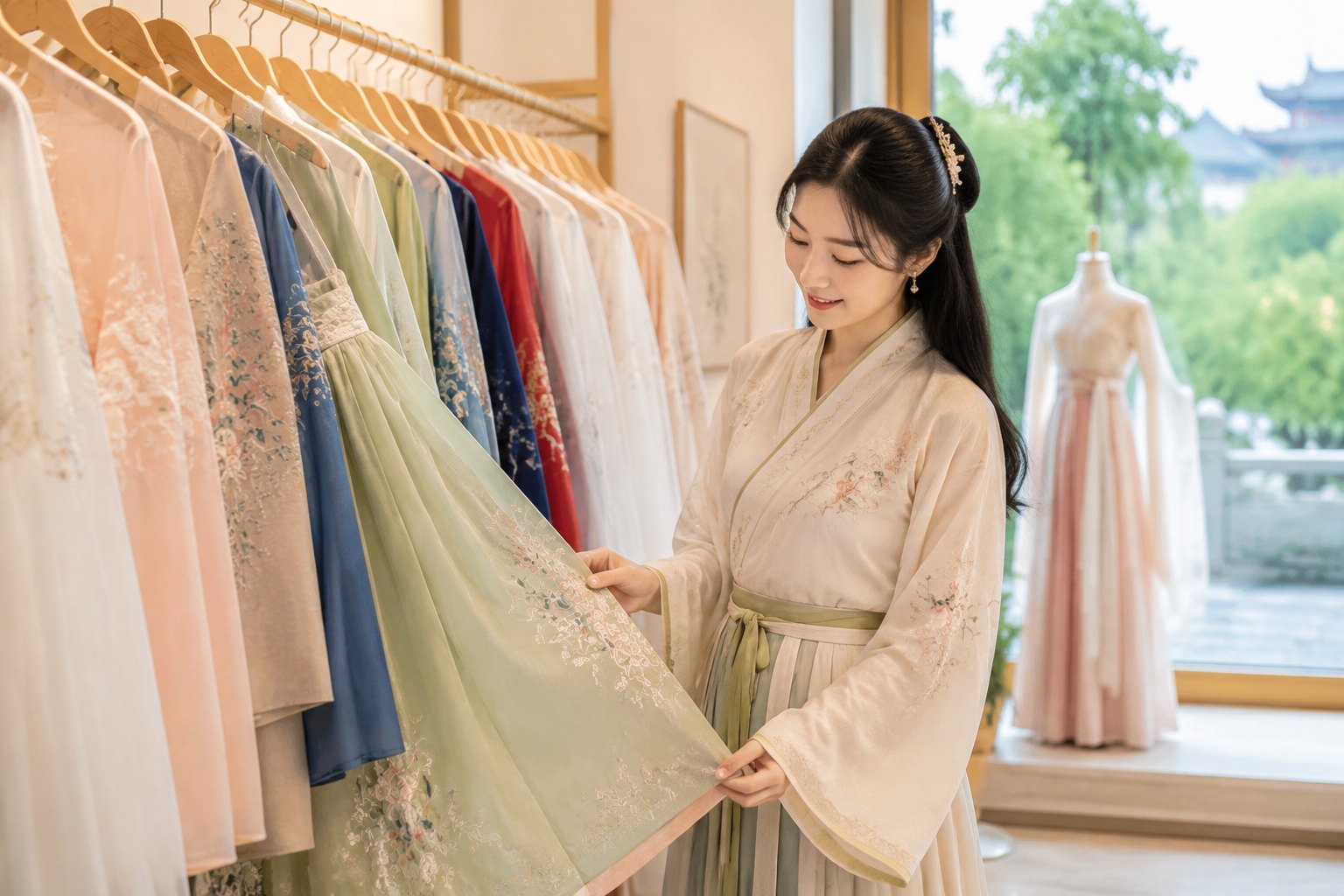 Customer inspecting a green silk Hanfu skirt in a Hangzhou boutique, showing price tags and embroidered details
