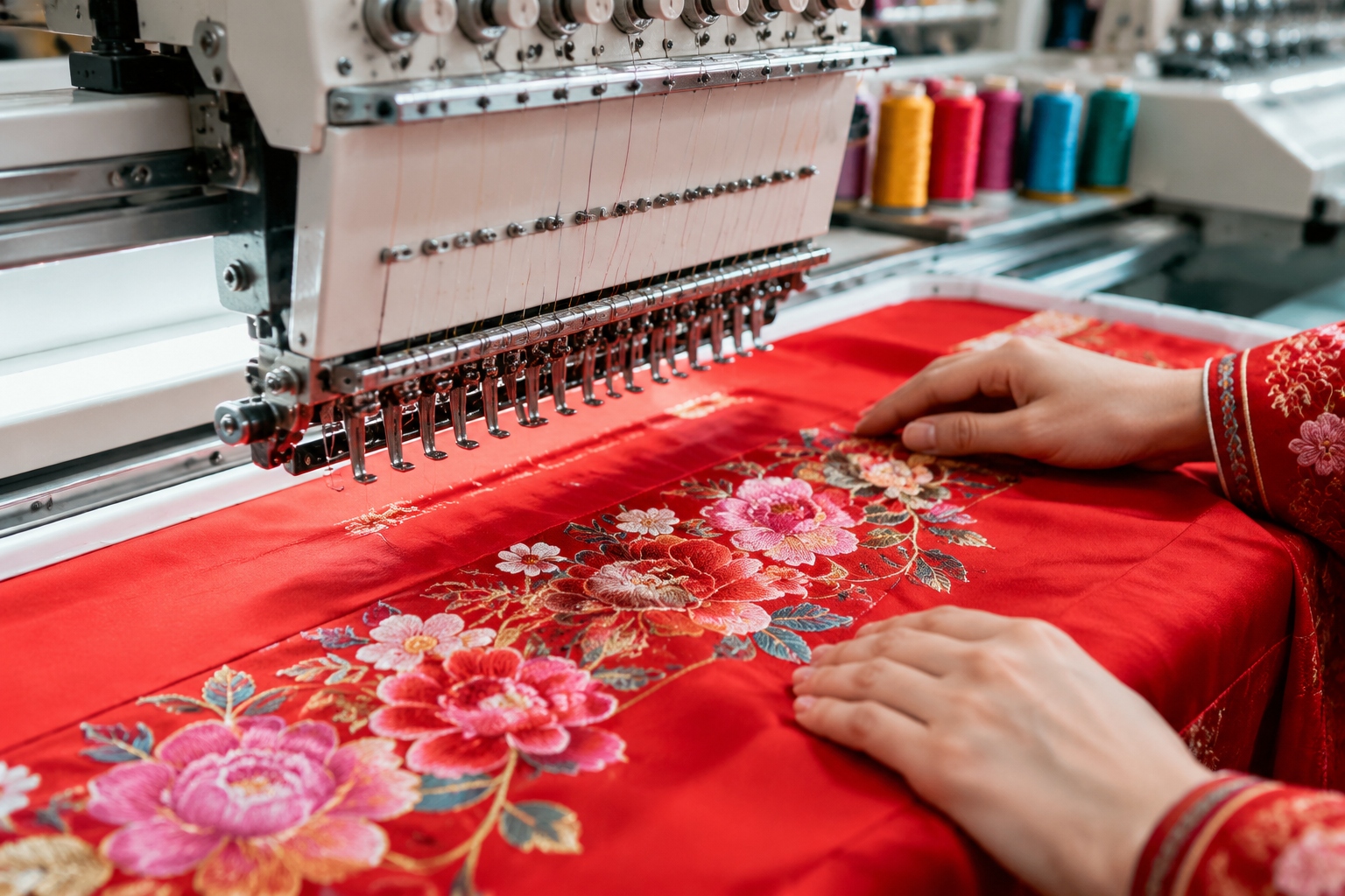 Industrial embroidery machine stitching floral patterns on red Hanfu fabric in a Chinese workshop