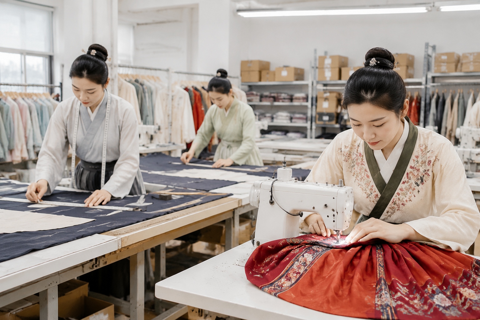 Workers cutting and sewing Hanfu skirts in a small factory in Cao County, Shandong, China