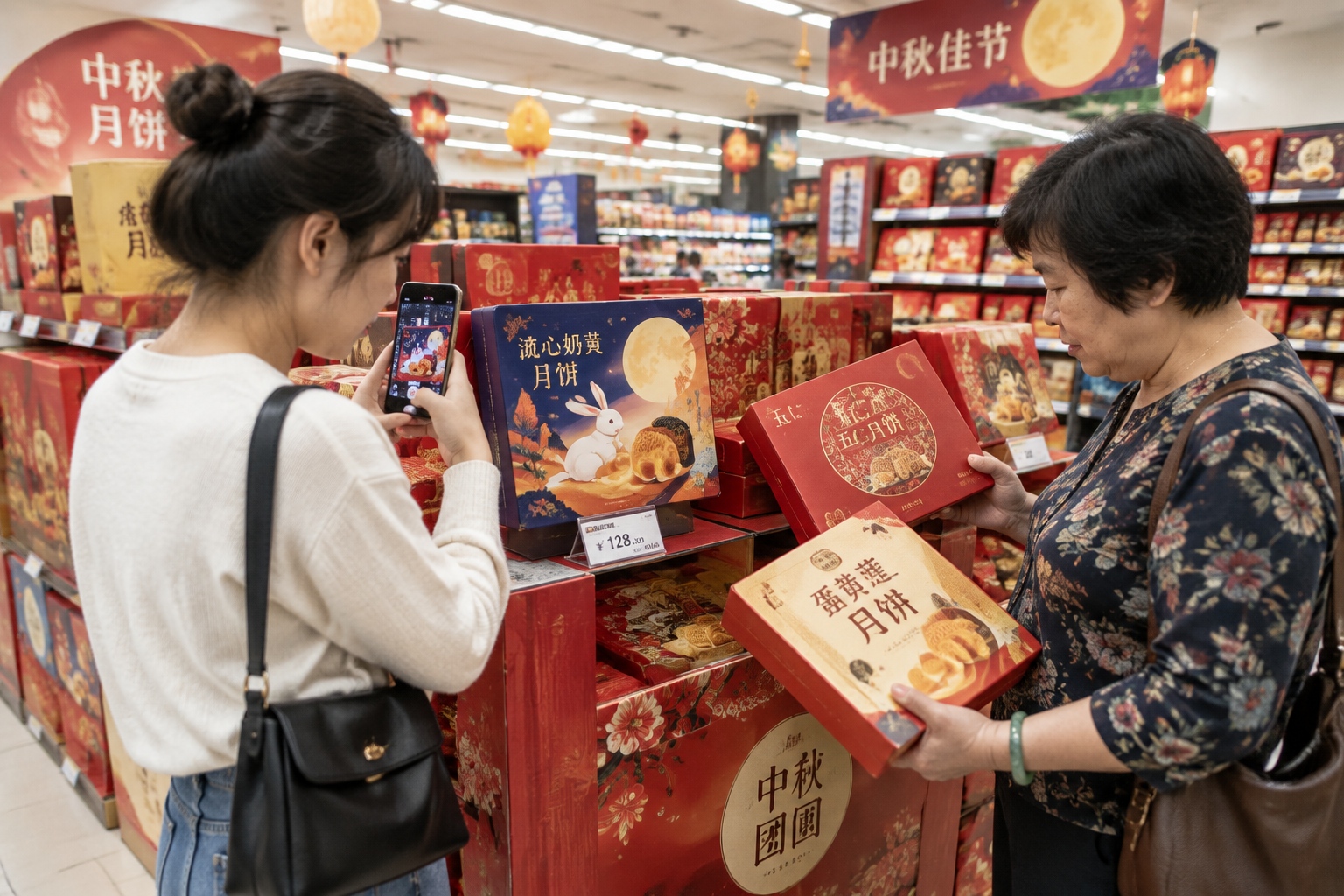 Two generations of shoppers in a Chinese supermarket mooncake aisle, one photographing a novelty flavour box while the other compares traditional gift boxes