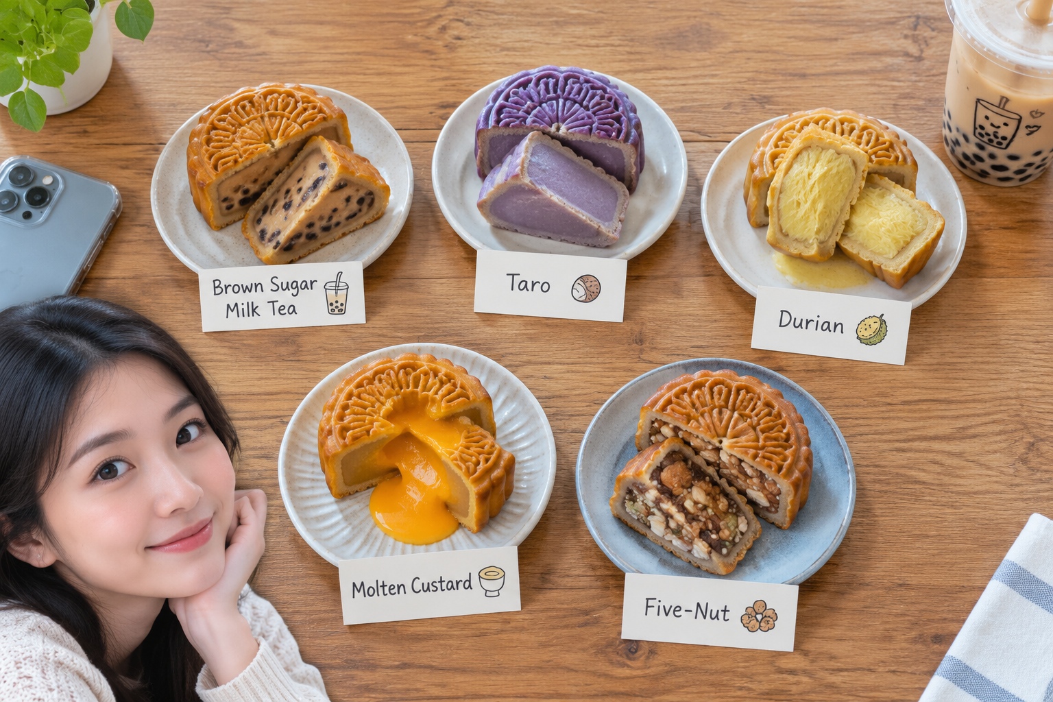 Cut-open mooncakes on a wooden table showing milk tea, taro, durian, custard and five-nut fillings side by side