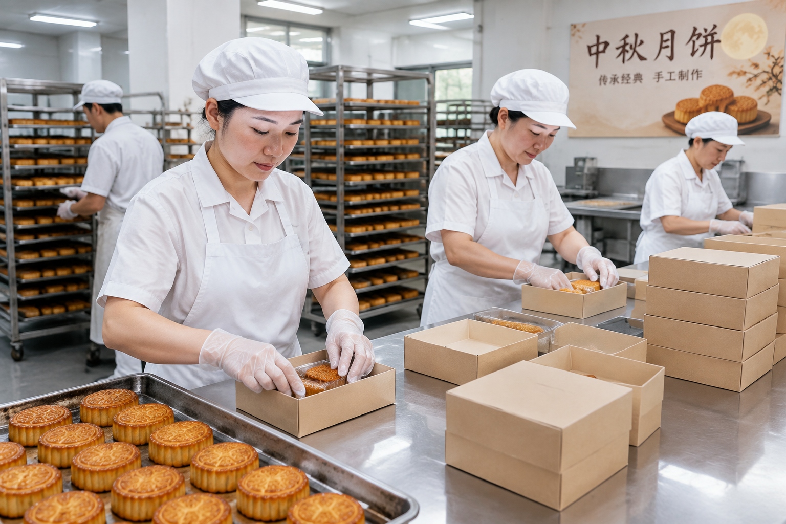Bakery workers packing freshly baked mooncakes into simple paper boxes on a stainless steel production table