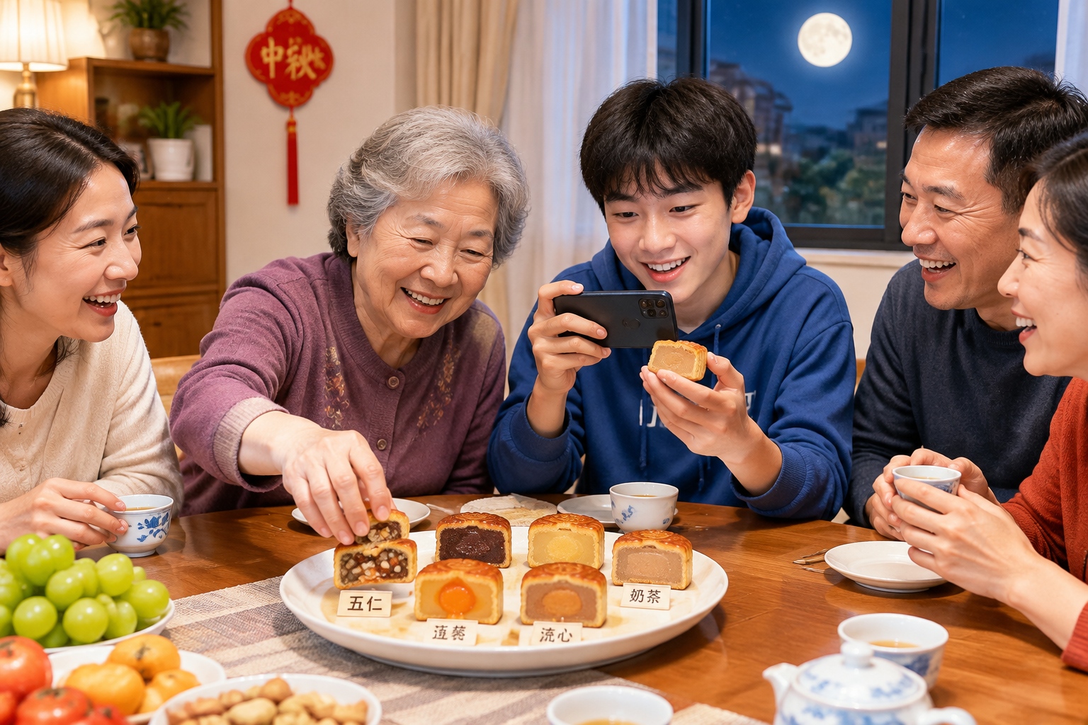 A Chinese family around a Mid-Autumn dinner table sharing sliced mooncakes, a grandmother taking five-nut while her grandson films a milk tea one