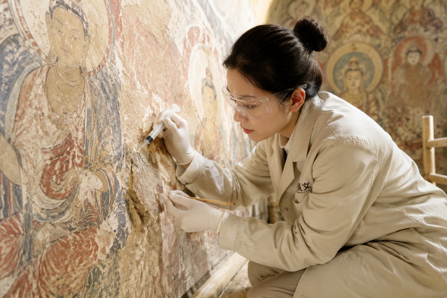 Young mural restorer injecting adhesive into a lifted section of an ancient Buddhist mural inside Cave 285 at the Mogao Caves.