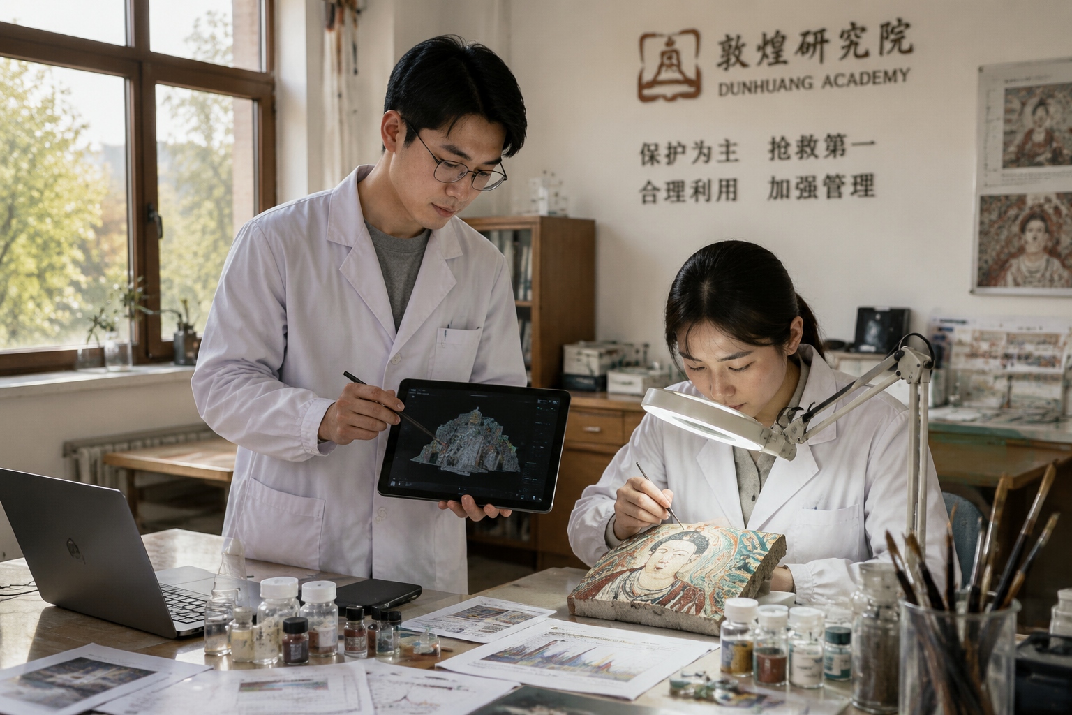 Restorers testing new adhesives on a painted mock-up in the Dunhuang Academy's conservation laboratory.