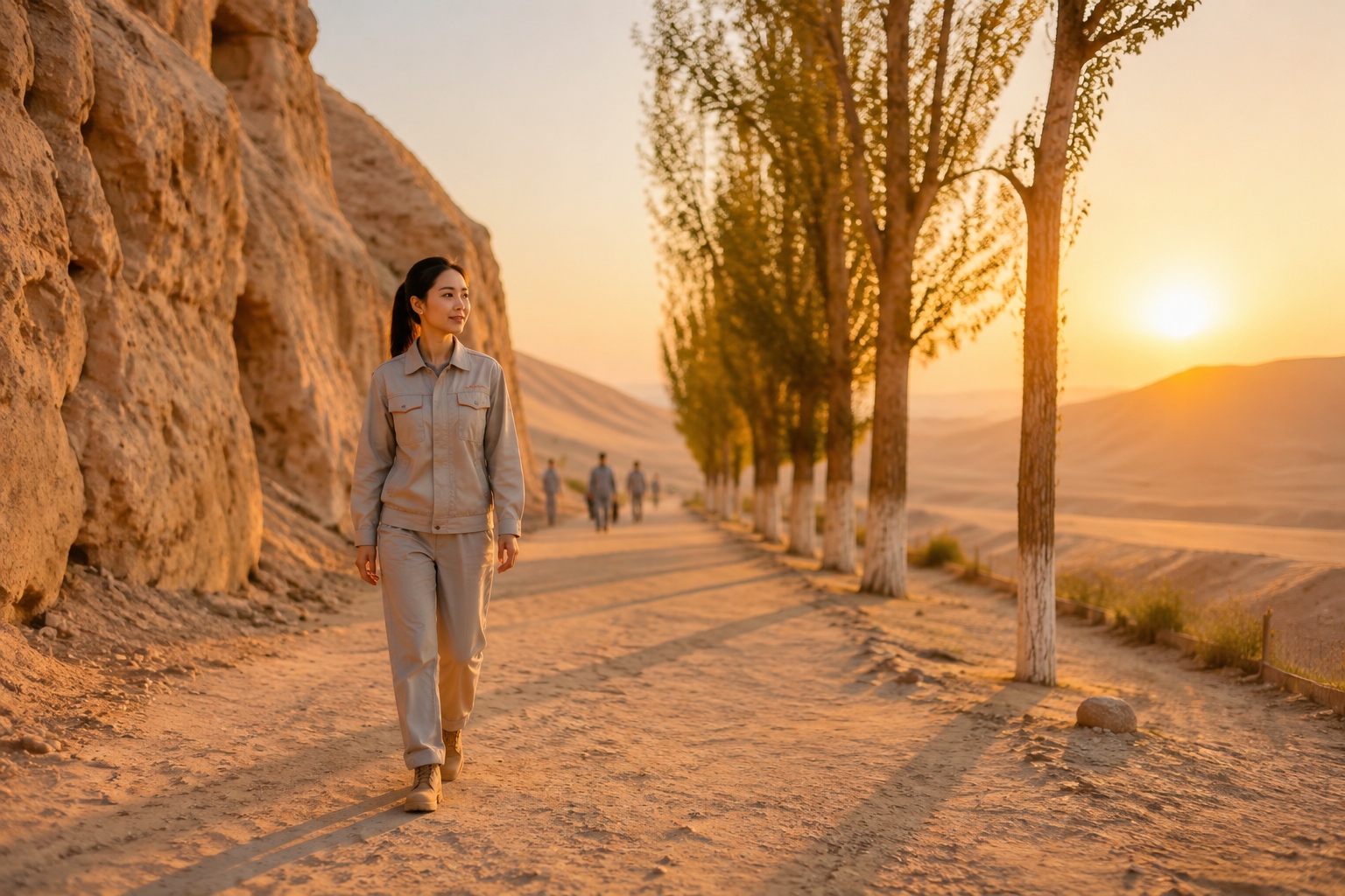 Young mural restorer walking along the sand path in front of the Mogao Caves at sunset.