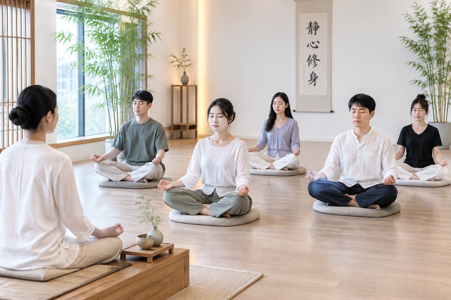 Group meditation session in a modern Chinese studio with young professionals